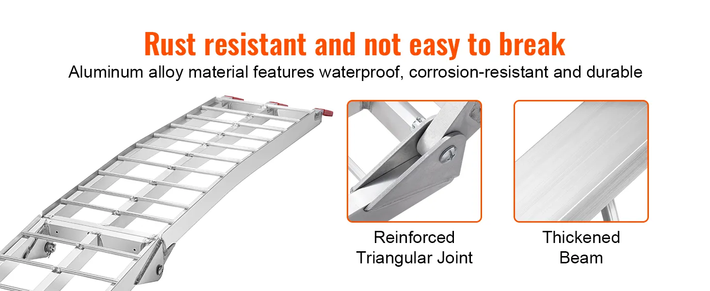 VEVOR motorcycle loading ramp, rust-resistant aluminum with reinforced joints and thickened beam.