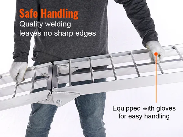 safe handling of VEVOR motorcycle loading ramp with gloves, showcasing quality welding and no sharp edges.