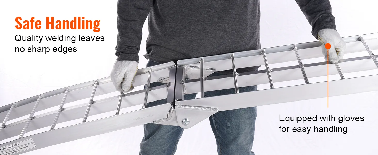 safe handling of VEVOR motorcycle loading ramp with gloves, showcasing quality welding and no sharp edges.
