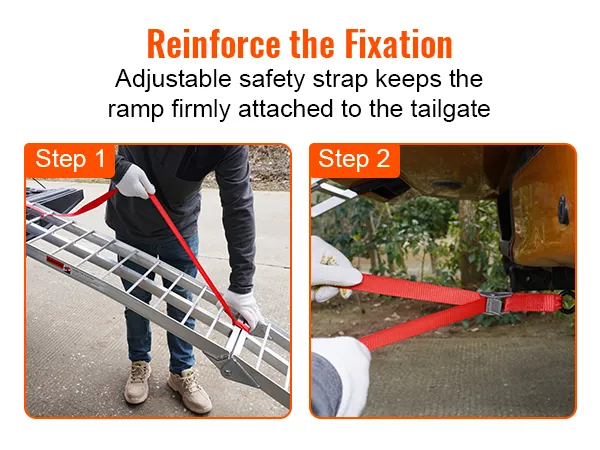 reinforcing VEVOR motorcycle loading ramp with adjustable safety strap connection steps.