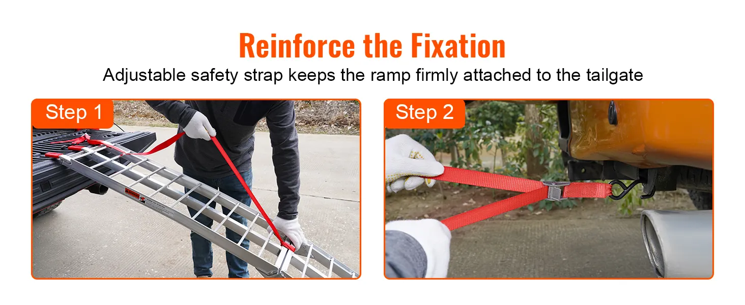 reinforcing VEVOR motorcycle loading ramp with adjustable safety strap connection steps.