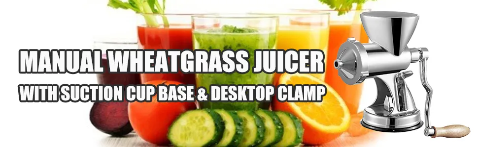 VEVOR wheatgrass juicer with fruits and vegetables in the background