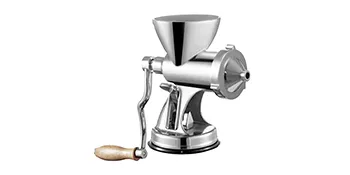 stainless steel VEVOR wheatgrass juicer with a wooden handle on a white background.
