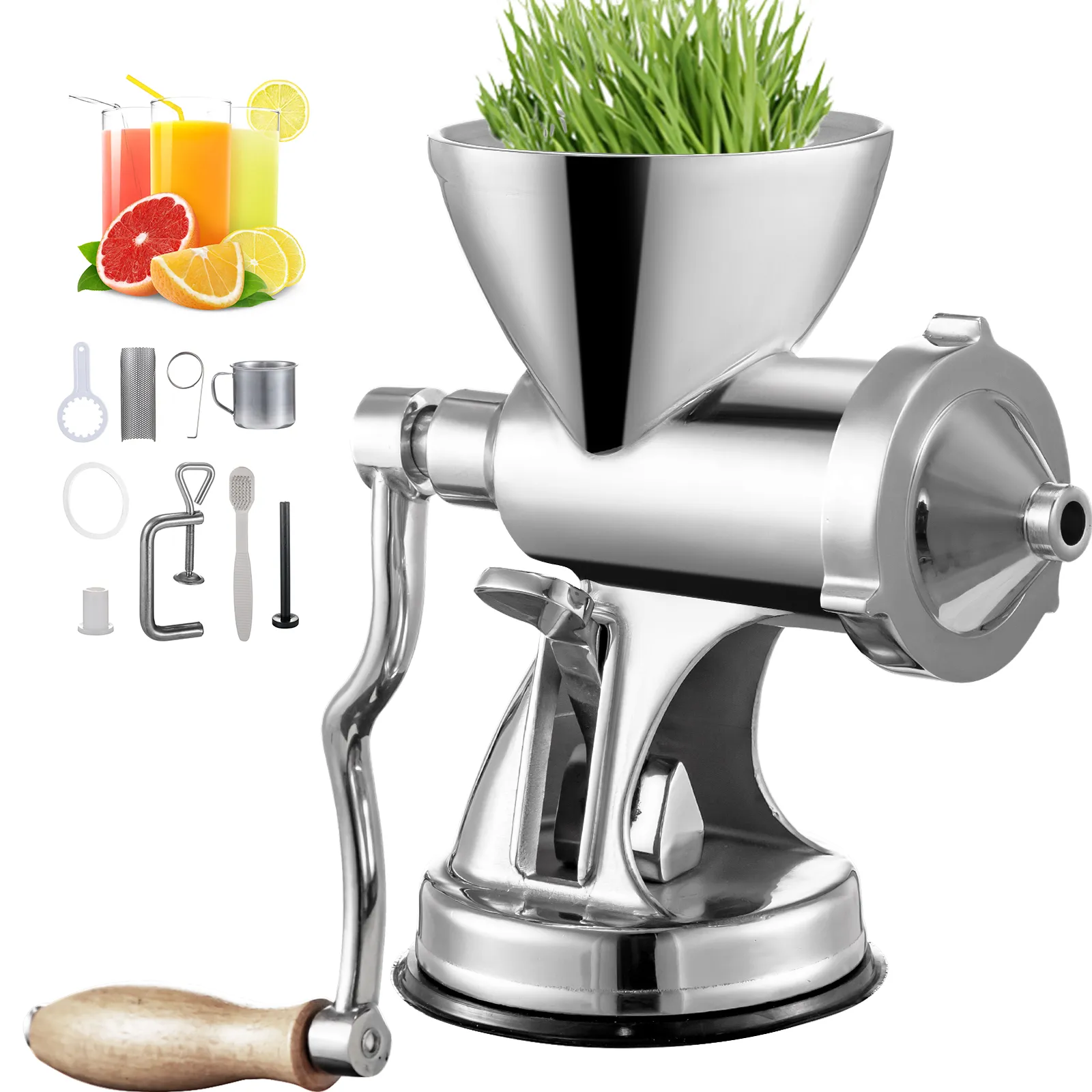 VEVOR wheatgrass juicer with accessories and fresh juice.