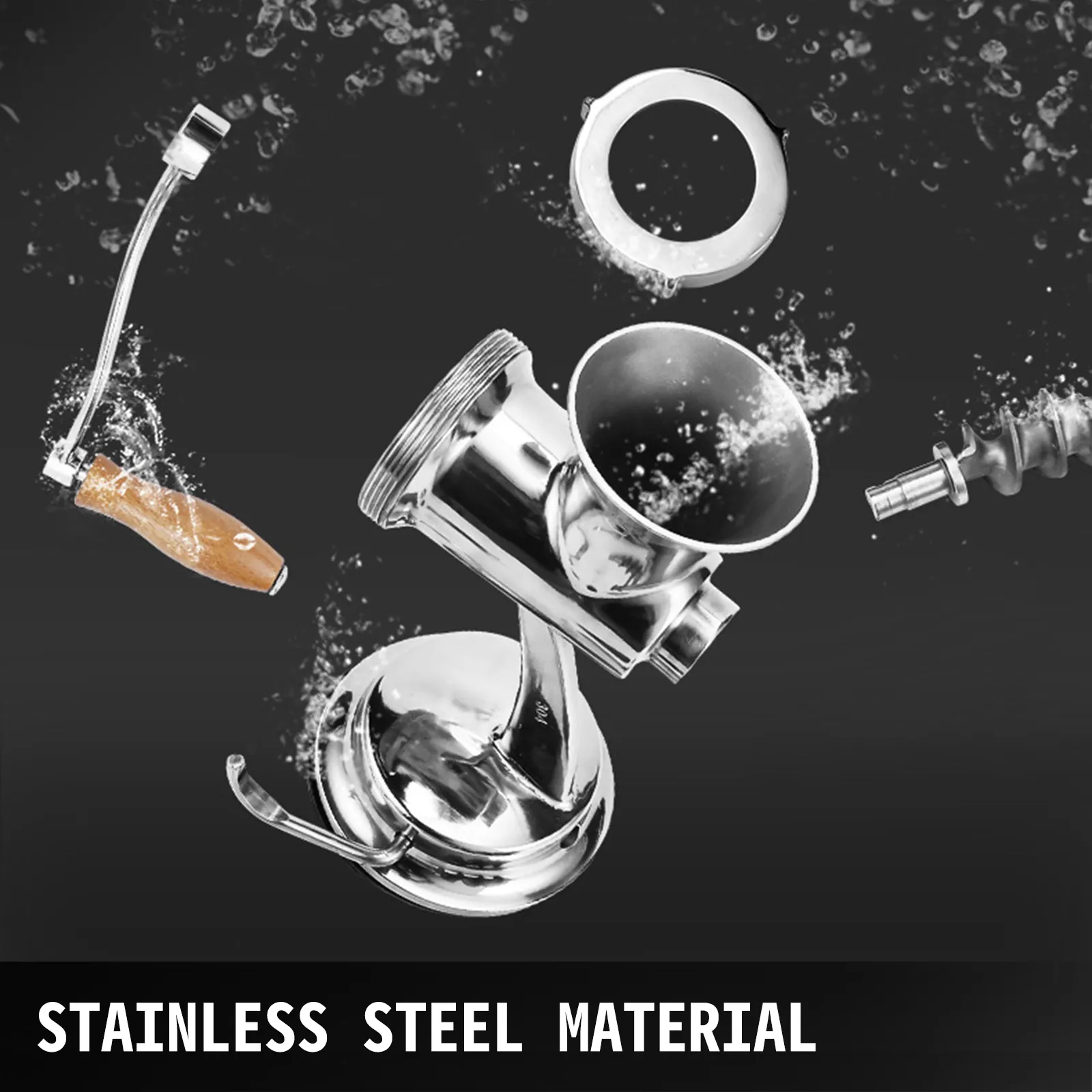 stainless steel VEVOR wheatgrass juicer components with water splashes.
