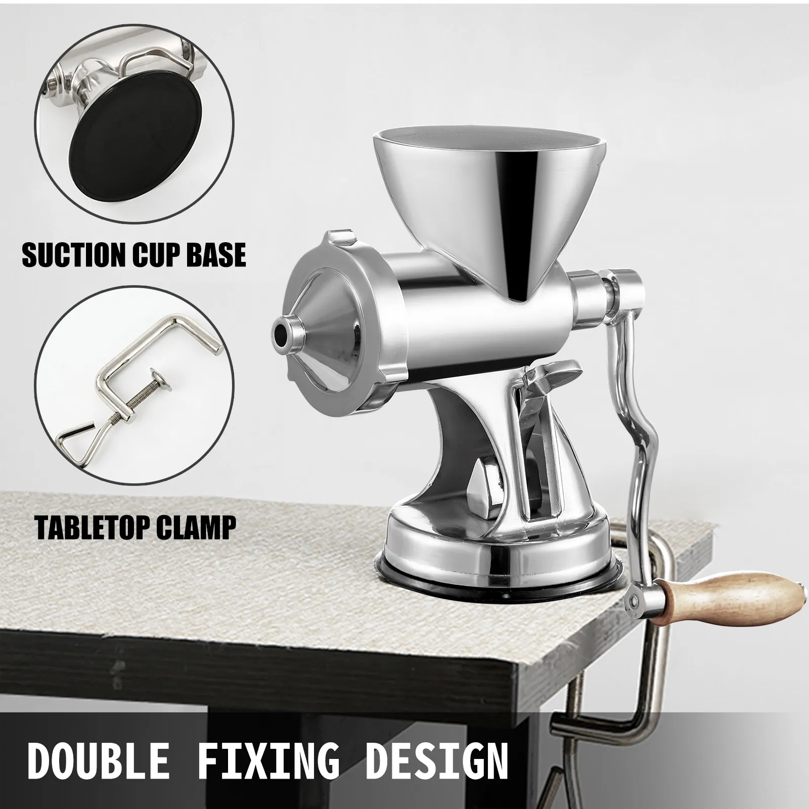 VEVOR wheatgrass juicer with suction cup base and tabletop clamp for stability.
