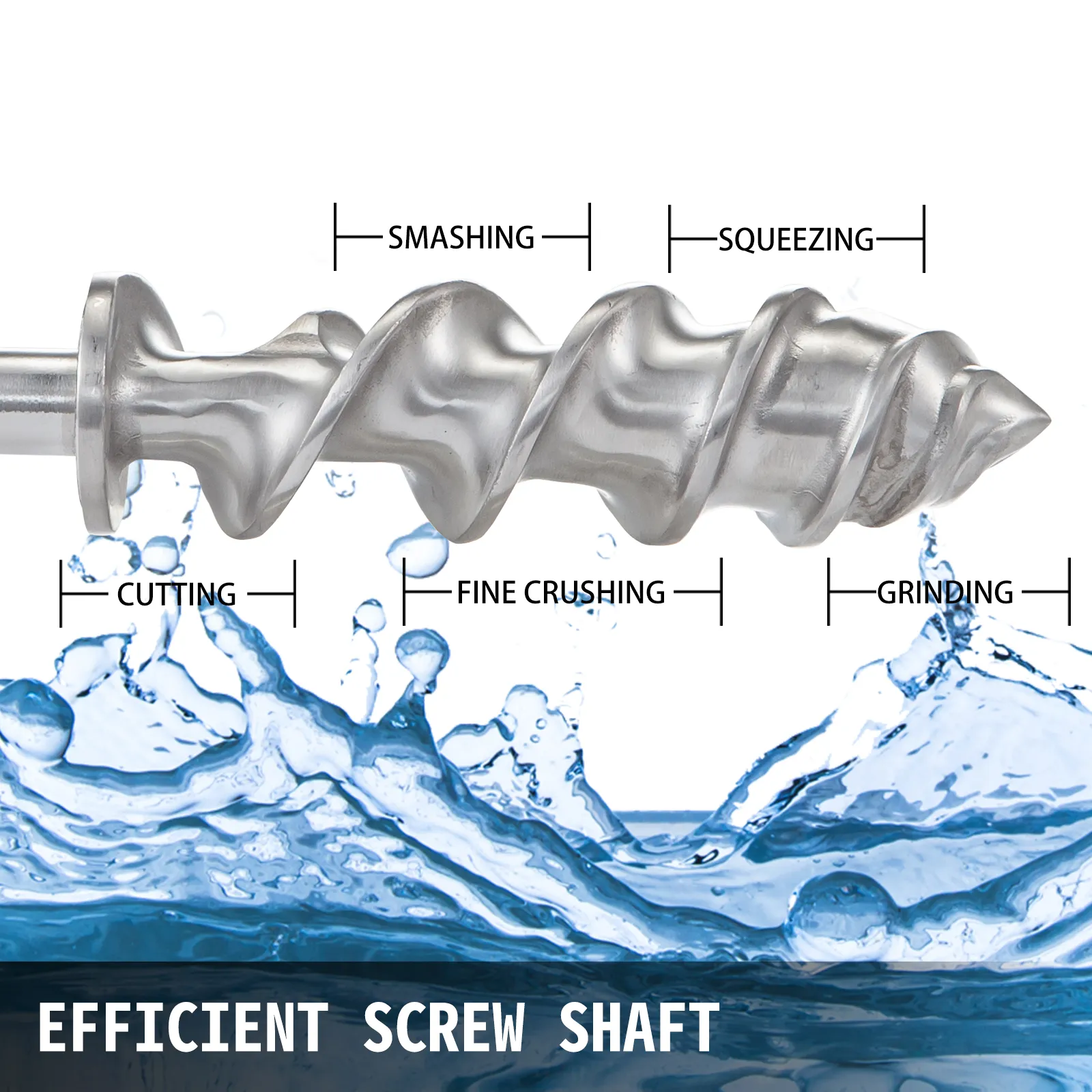 VEVOR wheatgrass juicer's efficient screw shaft with cutting, smashing, squeezing labels.