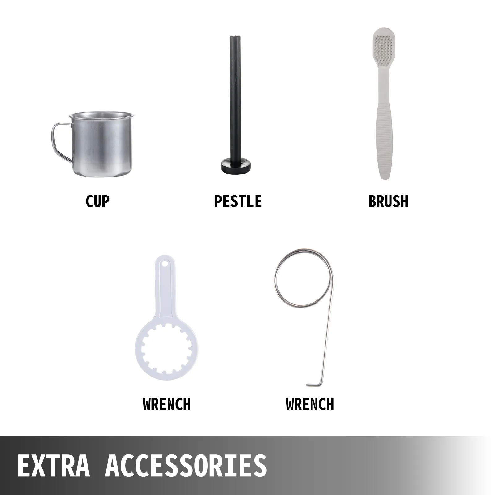 VEVOR wheatgrass juicer accessories: cup, pestle, brush, and two wrenches.