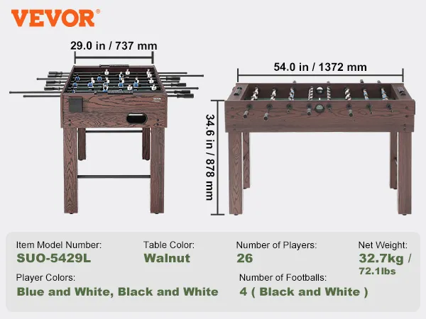 VEVOR foosball table with walnut finish, dimensions: 54"x29"x34.6", 26 player figures, 4 footballs.