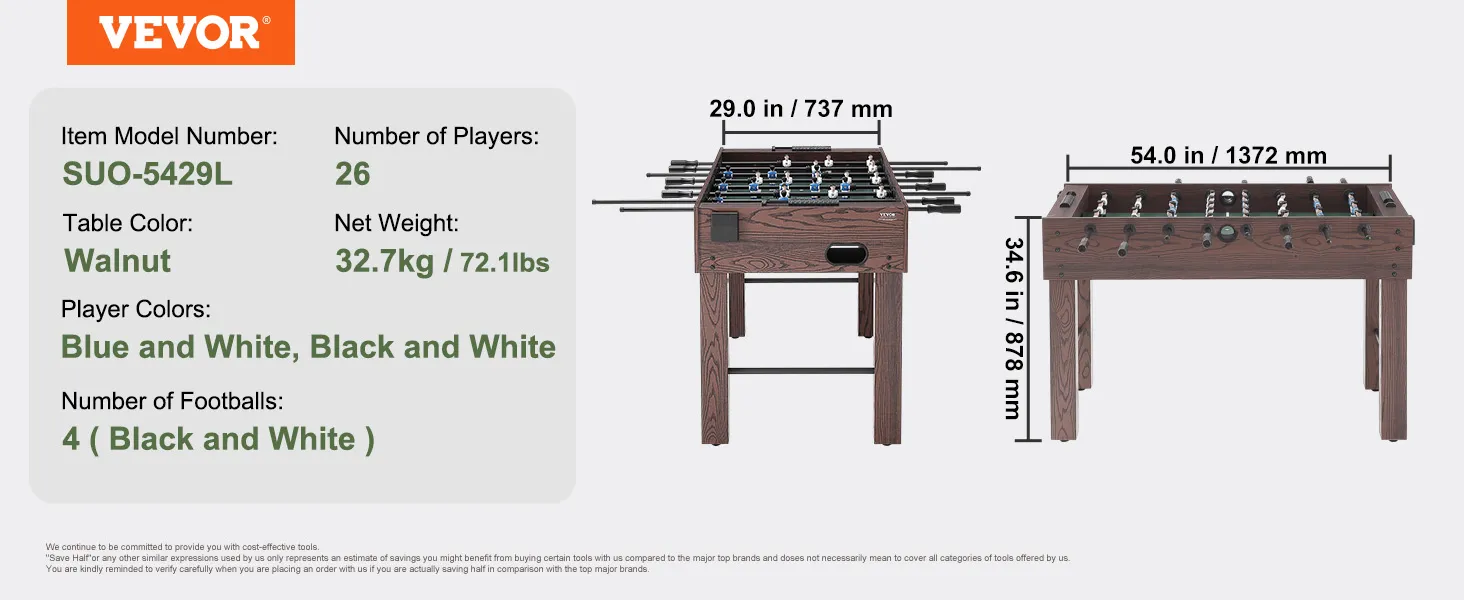 VEVOR foosball table with walnut finish, dimensions: 54"x29"x34.6", 26 player figures, 4 footballs.
