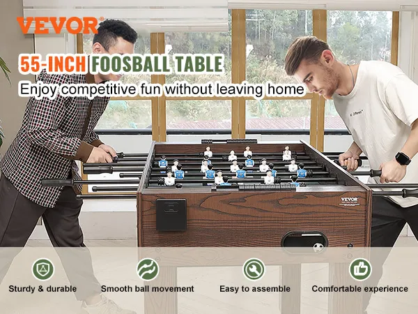 VEVOR foosball table in use, offering competitive fun indoors with features like durability and easy assembly.