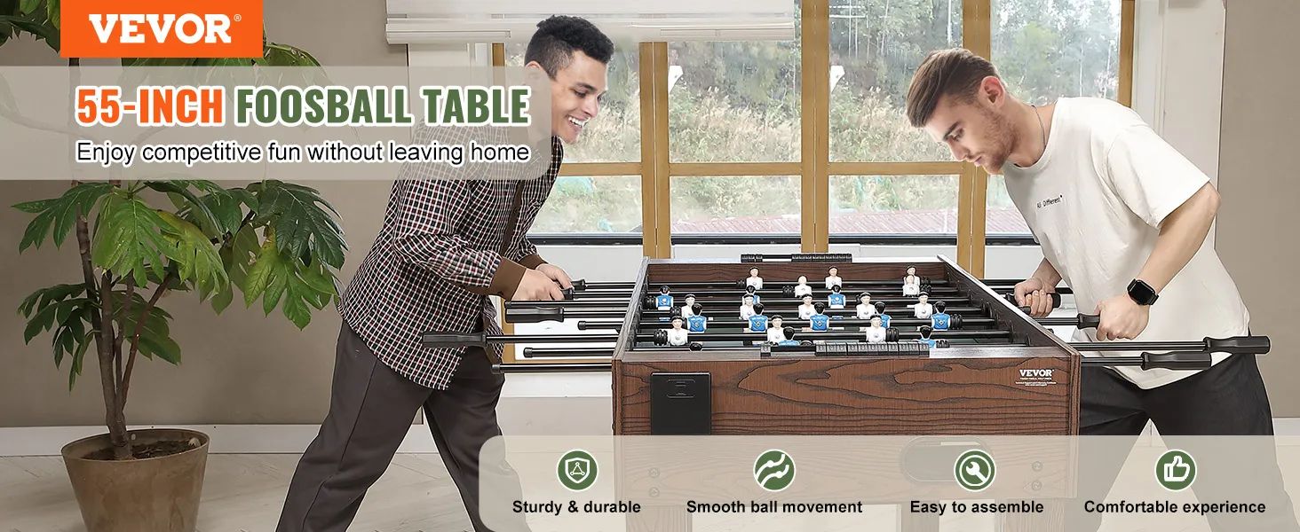 VEVOR foosball table in use, offering competitive fun indoors with features like durability and easy assembly.