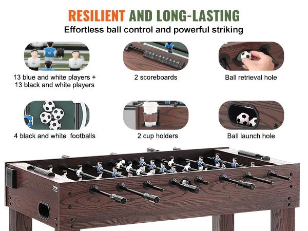 VEVOR foosball table with 13 blue and white players, 13 black and white players, 4 footballs, 2 scoreboards, and 2 cup holders.