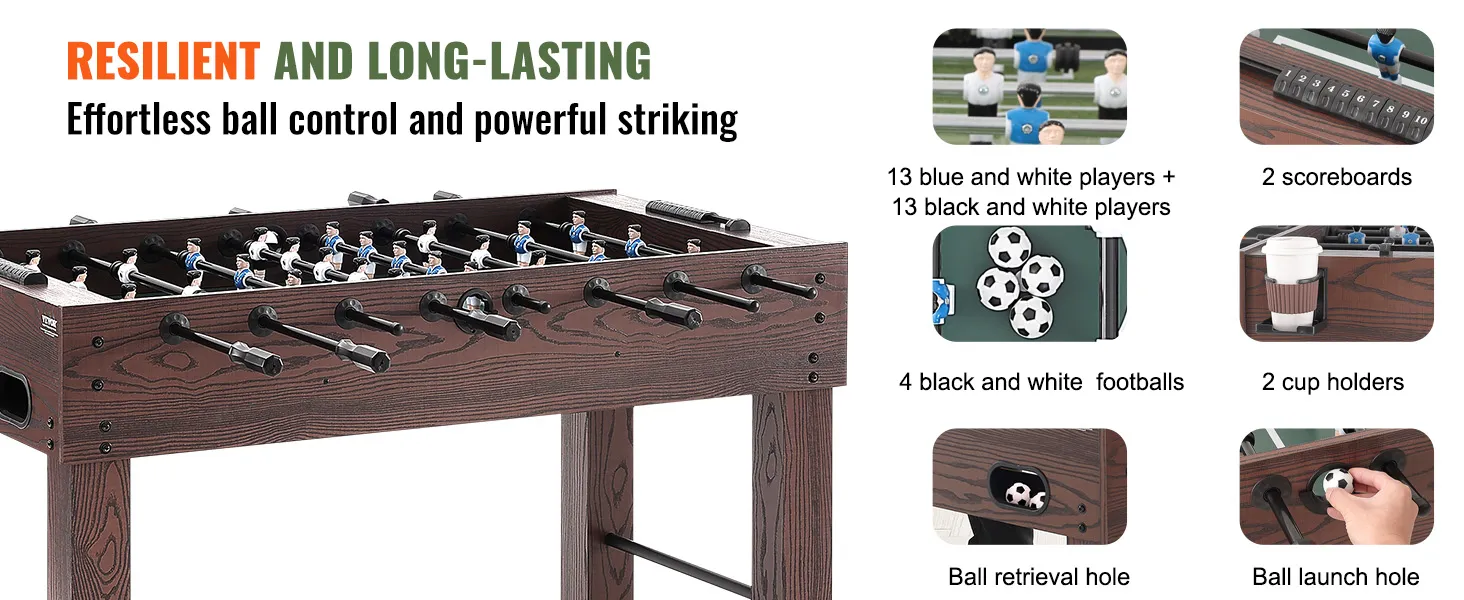 VEVOR foosball table with 13 blue and white players, 13 black and white players, 4 footballs, 2 scoreboards, and 2 cup holders.
