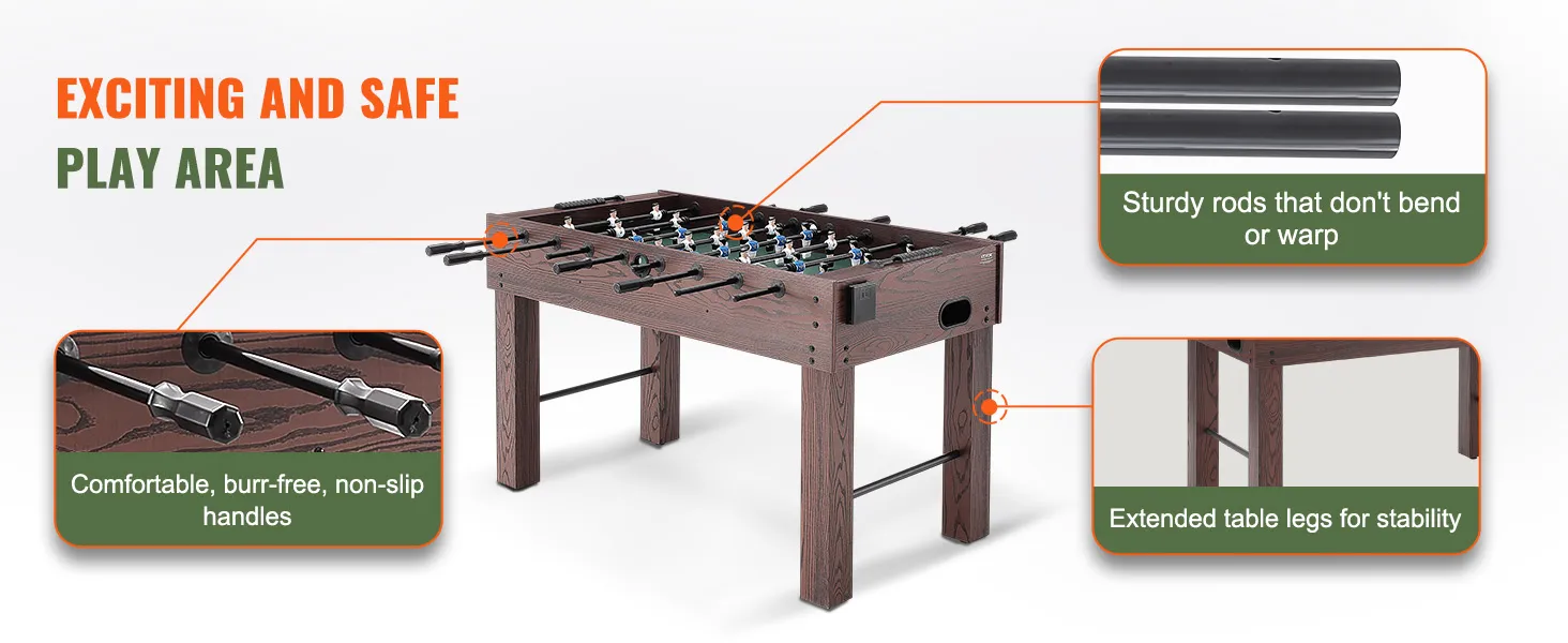 VEVOR foosball table featuring sturdy rods, extended stable legs, and comfortable non-slip handles.