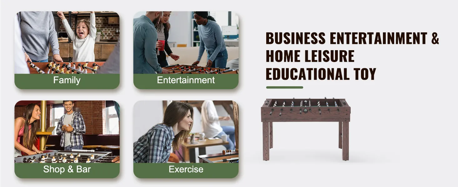 various scenes of people playing on a VEVOR foosball table, highlighting family fun, entertainment