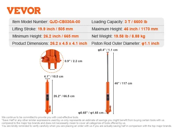 VEVOR hydraulic jack dimensions, loading capacity 3t/6600 lb, max height 46"/1170 mm, net weight 19.58 lb.
