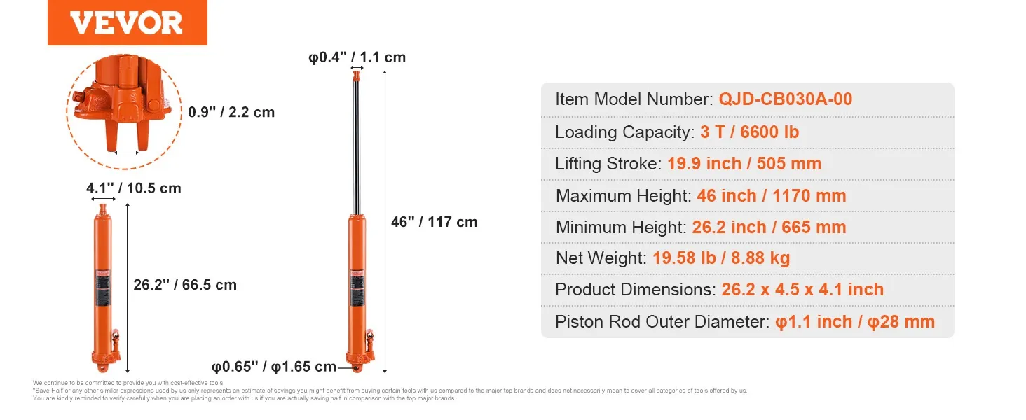 VEVOR hydraulic jack dimensions, loading capacity 3t/6600 lb, max height 46"/1170 mm, net weight 19.58 lb.