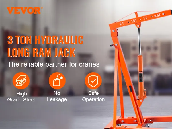 VEVOR hydraulic jack lifting engine in workshop, highlighting its 3-ton capacity, high-grade steel.