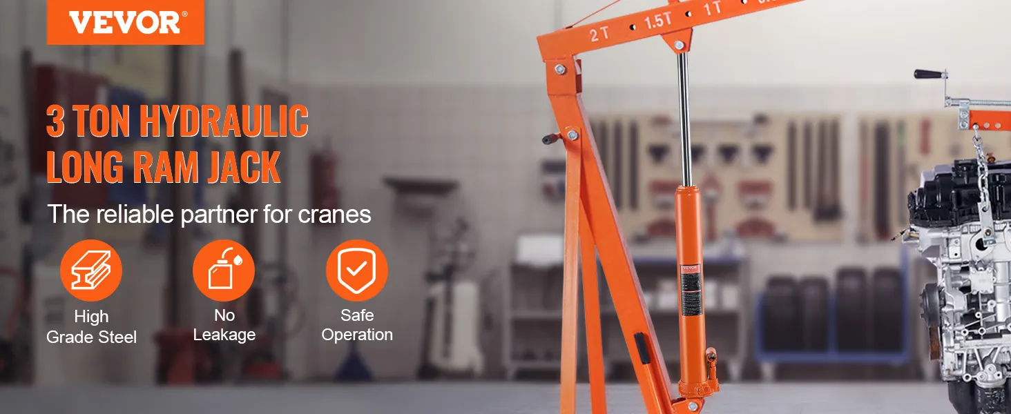 VEVOR hydraulic jack lifting engine in workshop, highlighting its 3-ton capacity, high-grade steel.
