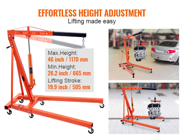 VEVOR hydraulic jack with max height 46 inch, lifting car engine in a garage setting.
