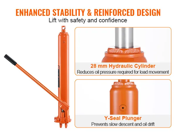 enhanced stability VEVOR hydraulic jack with 28 mm cylinder and y-seal plunger for safety and confidence.