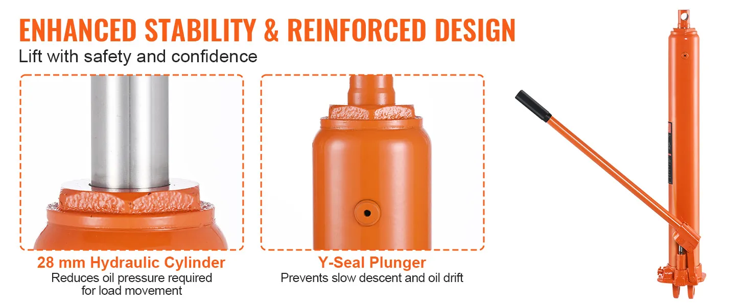 enhanced stability VEVOR hydraulic jack with 28 mm cylinder and y-seal plunger for safety and confidence.