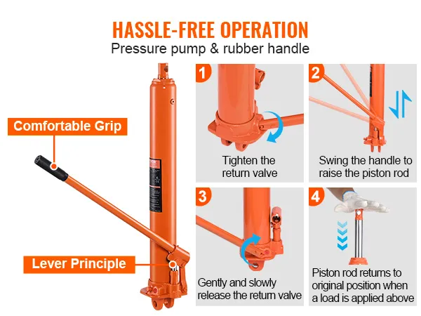 VEVOR hydraulic jack features comfortable grip, lever principle, and hassle-free operation instructions.