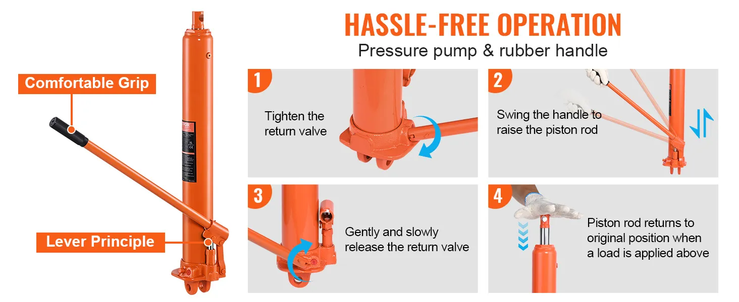 VEVOR hydraulic jack features comfortable grip, lever principle, and hassle-free operation instructions.