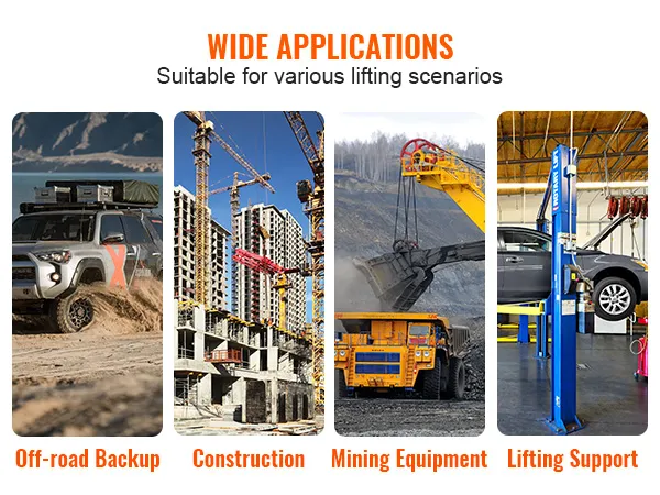 wide applications of VEVOR hydraulic jack for off-road backup, construction, mining, and lifting support.