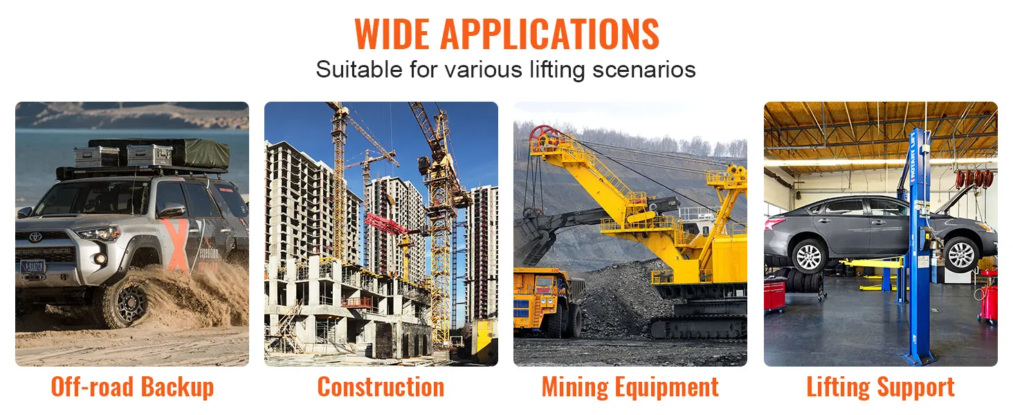 wide applications of VEVOR hydraulic jack for off-road backup, construction, mining, and lifting support.