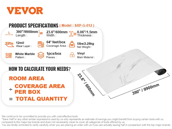 VEVOR self adhesive vinyl floor tiles white marble, 390" x 23.6", coverage 642 sq ft per box