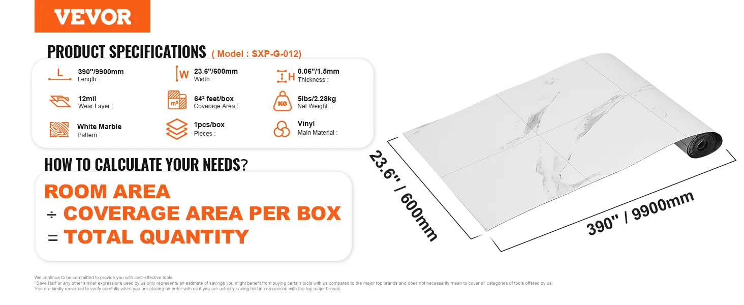 VEVOR self adhesive vinyl floor tiles white marble, 390" x 23.6", coverage 642 sq ft per box