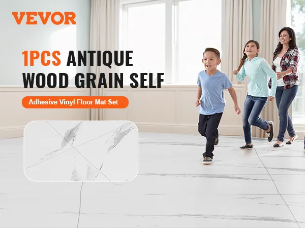 VEVOR self adhesive vinyl floor tiles in a bright living room with family walking across the floor.