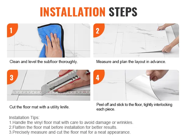 installation steps for VEVOR self adhesive vinyl floor tiles: clean, measure, cut, peel, and stick.
