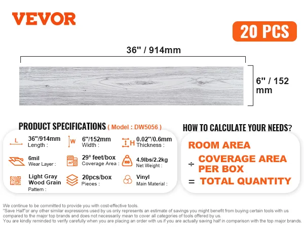 VEVOR vinylvloertegels, 36"x6", lichtgrijze houtnerf, 20 stuks per doos, productspecificaties en afmetingen.