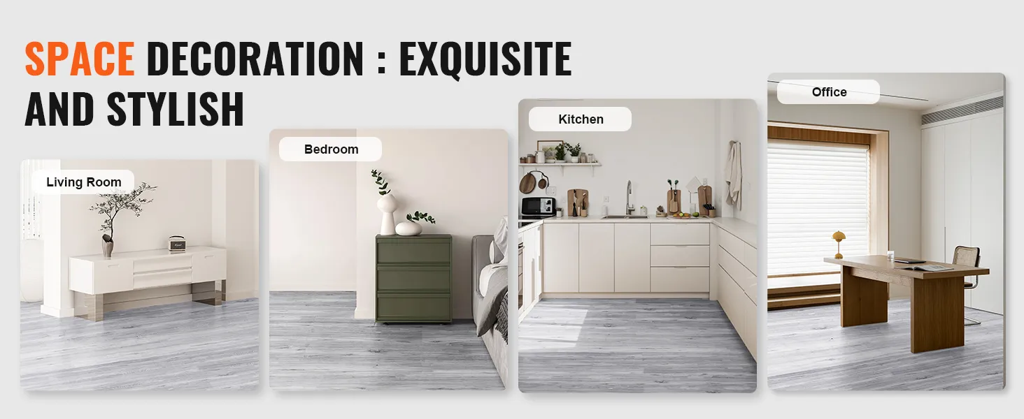 woonkamer, slaapkamer, keuken en kantoorinterieurs met VEVOR vinylvloertegels.