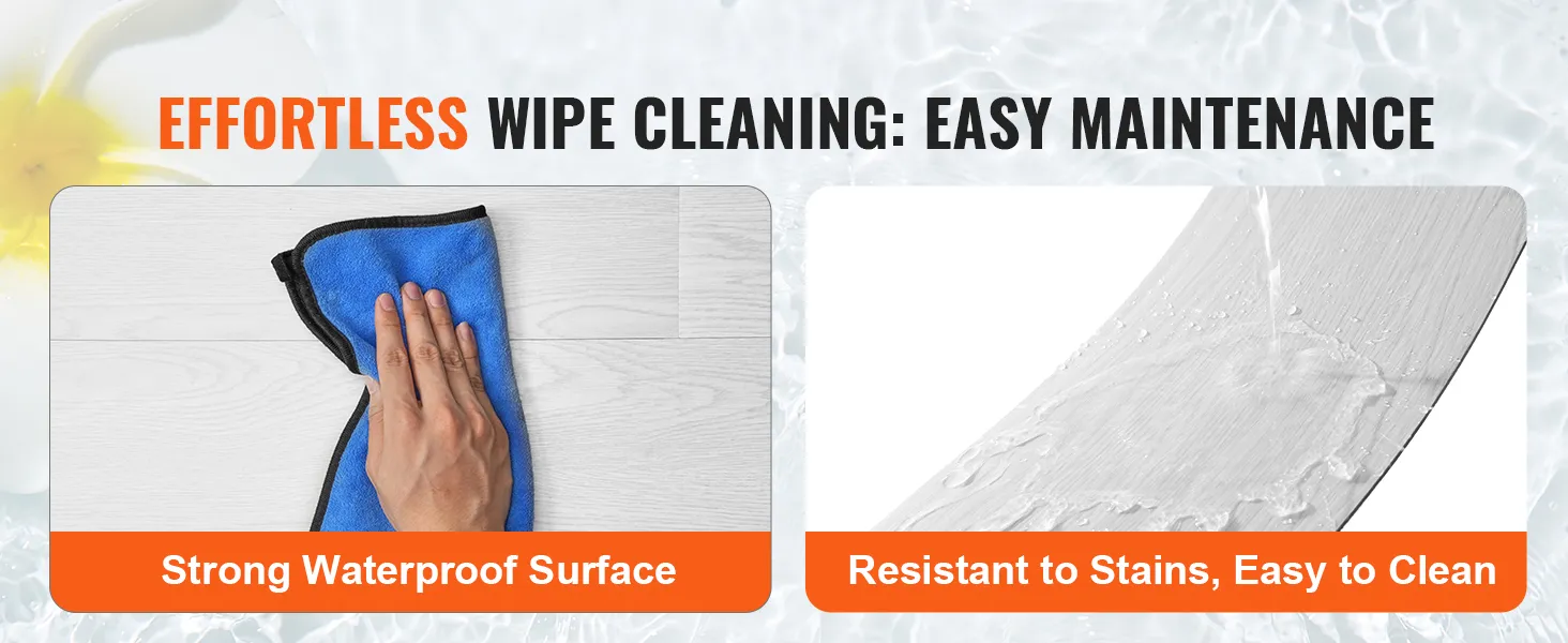 Limpieza sin esfuerzo de baldosas de vinilo VEVOR con superficie impermeable, resistente a las manchas y fácil de limpiar.