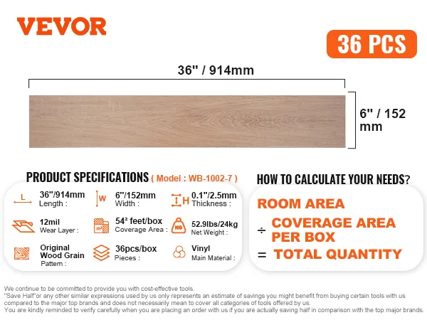VEVOR self adhesive vinyl floor tiles, 36"x6", 52.9lbs, 0.1" thickness, original wood grain pattern.