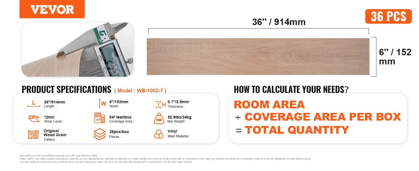 VEVOR self adhesive vinyl floor tiles, 36"x6", 52.9lbs, 0.1" thickness, original wood grain pattern.