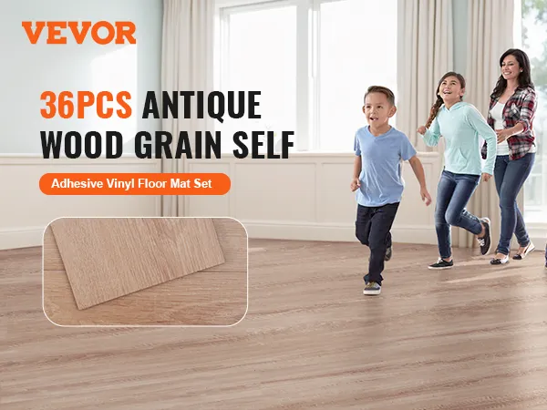 VEVOR self adhesive vinyl floor tiles, 36pcs antique wood grain set in a bright family room.