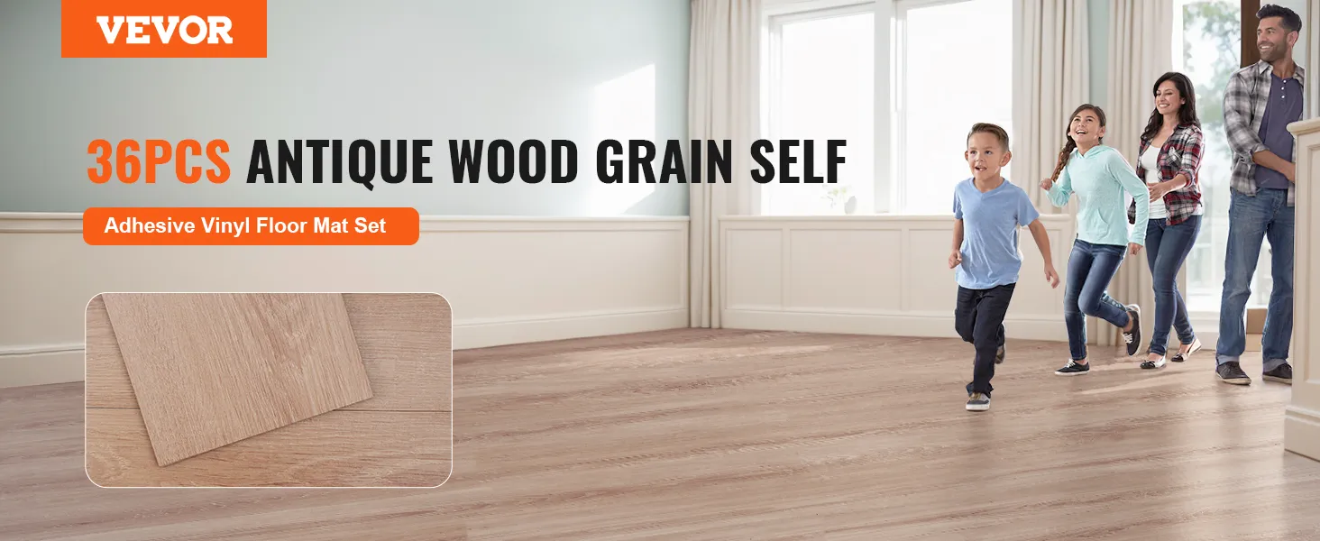 VEVOR self adhesive vinyl floor tiles, 36pcs antique wood grain set in a bright family room.