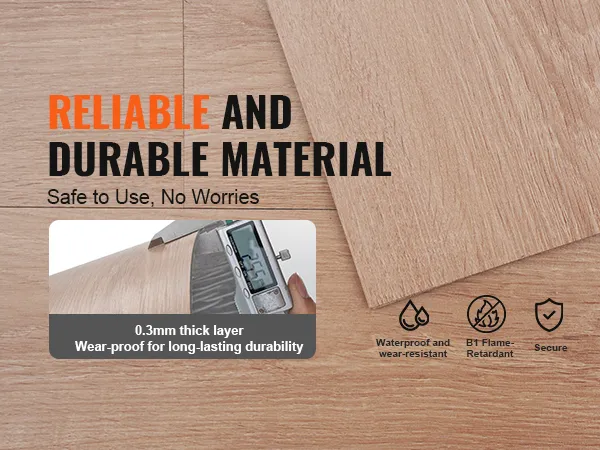 VEVOR self adhesive vinyl floor tiles in light wood pattern, waterproof, wear-resistant, and flame-retardant.