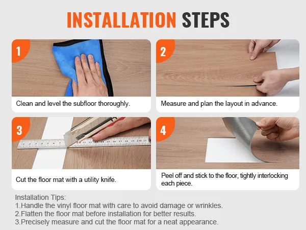 installation steps for VEVOR self adhesive vinyl floor tiles with subfloor preparation and cutting.