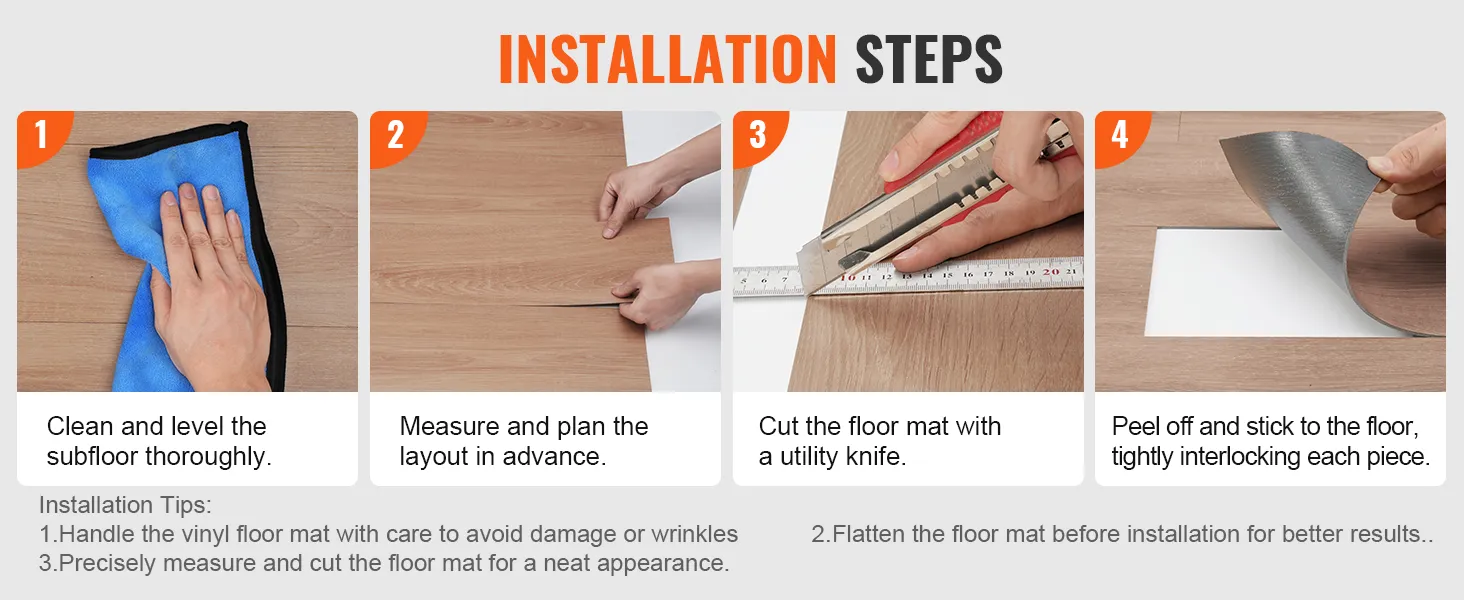 installation steps for VEVOR self adhesive vinyl floor tiles with subfloor preparation and cutting.