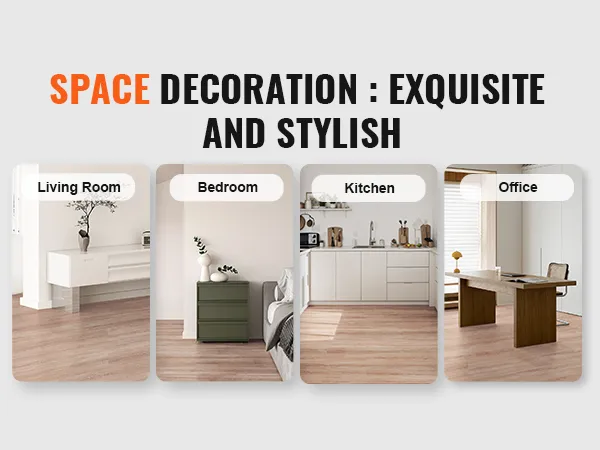 space decorated with VEVOR self adhesive vinyl floor tiles in living room, bedroom, kitchen, and office.