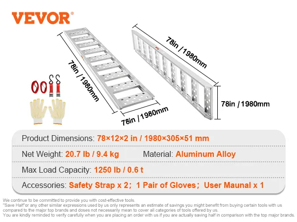 VEVOR aluminum loading ramps, 78x12x2in, max load 1250lbs, with safety straps and gloves.