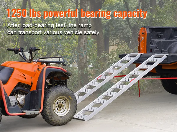 VEVOR aluminum loading ramps supporting atv next to truck, 1250 lbs load capacity highlighted.
