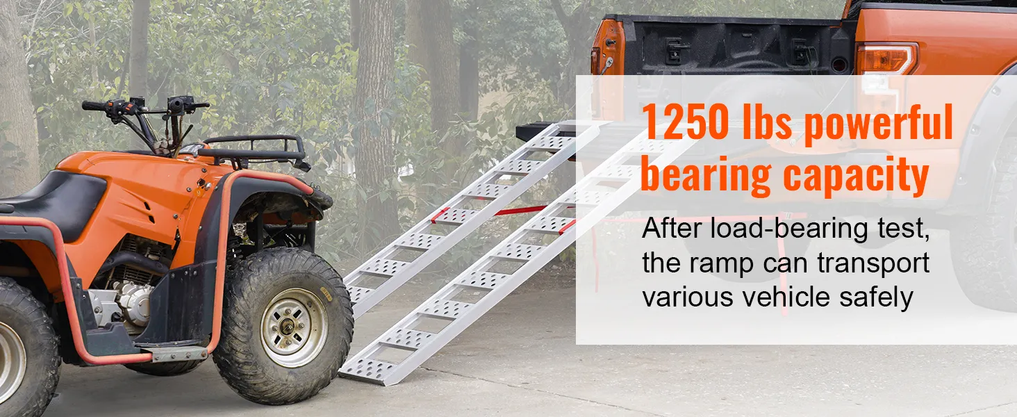 VEVOR aluminum loading ramps supporting atv next to truck, 1250 lbs load capacity highlighted.