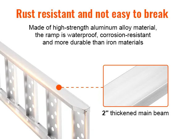VEVOR aluminum loading ramps, rust-resistant, waterproof, corrosion-resistant, and durable 2" thick beam.